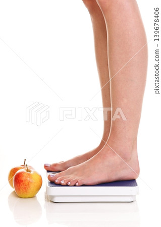 Woman feet and weight scale isolated on white background 139678406