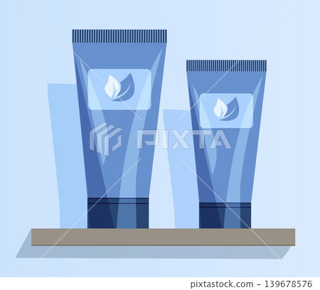 Minimalist Blue Cosmetic Tubes Vector Front View of Organic Cream Packaging on Wooden Shelf for Men Skincare and Luxury Spa Branding Mockup Asset 139678576