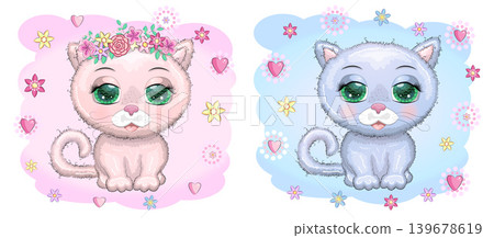 Cute cartoon pink cat, kitten on a background of flowers among butterflies 139678619