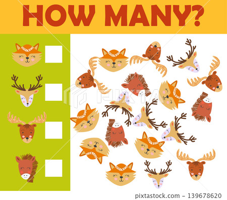 Counting animal games for preschool kids sheet layout in colorful printable version 139678620