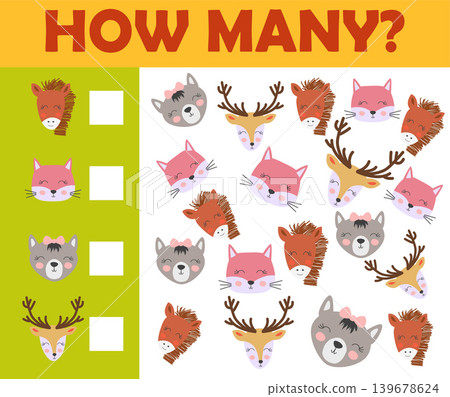 Counting animal games for preschool kids sheet layout in colorful printable version 139678624