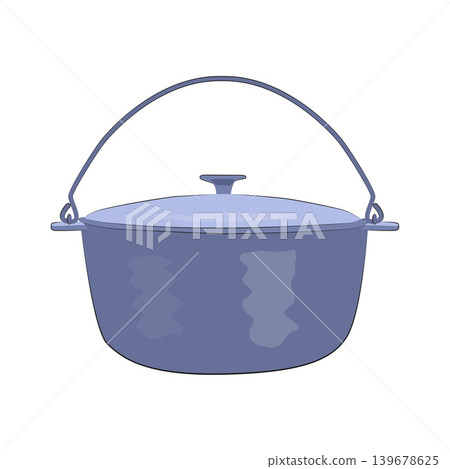 Icon metal hiking pot or cauldron in flat style. Hiking pot for tourism and cooking on a fire, hiking in nature and a picnic Icon metal hiking pot or cauldron in flat style. Hiking pot for tourism and cooking on a fire, hiking in nature and a picnic 139678625