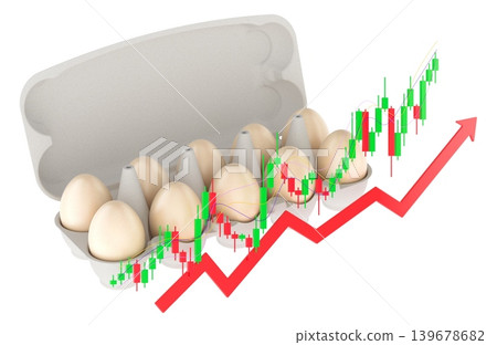 Eggs with rising stock chart and arrow for price increase. 3D rendering Eggs with rising stock chart and arrow for price increase. 3D rendering 139678682