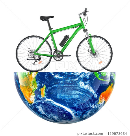 Green bicycle standing on half globe symbolizing eco transport, cycling lifestyle or World Bicycle Day, 3d rendering 139678684