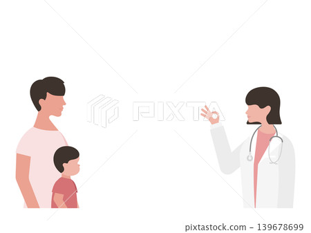 男孩和他的父親，以及一位女醫生做出「OK」手勢的向量插圖。 139678699