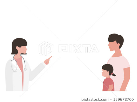 向量圖,描繪了一位女孩和她的父親,以及一位女醫生指著某物進行解釋。 向量圖,描繪了一位女孩和她的父親,以及一位女醫生指著某物進行解釋。 139678700