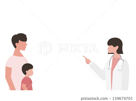 男孩、他的父親和一位女醫生的向量插圖,她們正在指著什麼來解釋。 男孩、他的父親和一位女醫生的向量插圖,她們正在指著什麼來解釋。 139678701