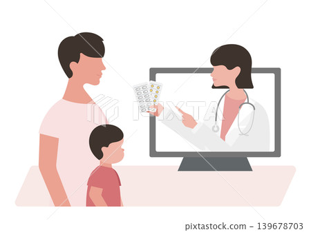 向量圖描繪了一名男孩和他的父親正在進行線上醫療諮詢,一名女醫生正在解釋藥物。 向量圖描繪了一名男孩和他的父親正在進行線上醫療諮詢,一名女醫生正在解釋藥物。 139678703
