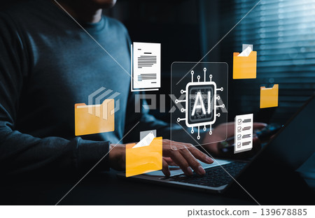 AI document management and intelligent file automation concept. Person using laptop with digital folders, documents, checklist icons. smart organization, automated processing, efficient data workflow AI document management and intelligent file automation concept. Person using laptop with digital folders, documents, checklist icons. smart organization, automated processing, efficient data workflow 139678885