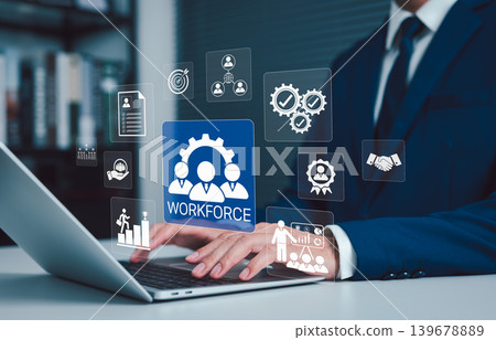 Workforce management concept. Businessman using laptop with digital HR icons representing recruitment planning, training, talent selection, corporate team building, professional career development, Workforce management concept. Businessman using laptop with digital HR icons representing recruitment planning, training, talent selection, corporate team building, professional career development, 139678889