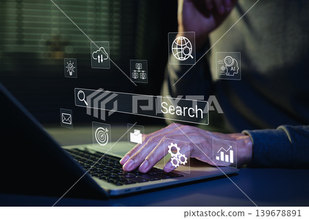 SEO search engine optimization concept. Person typing on laptop with digital search bar and marketing icons to represent web browsing data analysis, professional online discovery, AI search, SEM, GEO SEO search engine optimization concept. Person typing on laptop with digital search bar and marketing icons to represent web browsing data analysis, professional online discovery, AI search, SEM, GEO 139678891
