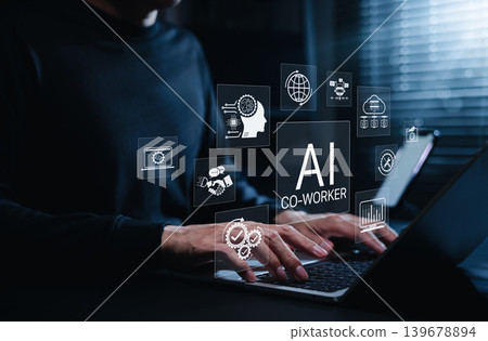 AI co-worker automation and digital workflow concept. Professional using laptop with icons for artificial intelligence, cloud systems, chatbot, coding, data tools, global network, smart productivity AI co-worker automation and digital workflow concept. Professional using laptop with icons for artificial intelligence, cloud systems, chatbot, coding, data tools, global network, smart productivity 139678894