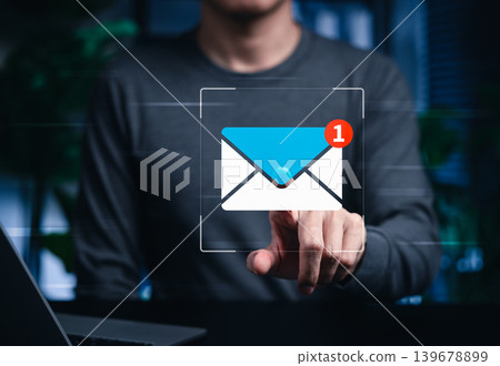 Email notification and digital communication concept. User pressing virtual envelope alert with unread message badge, online inbox, business contact, newsletter, customer support, internet technology Email notification and digital communication concept. User pressing virtual envelope alert with unread message badge, online inbox, business contact, newsletter, customer support, internet technology 139678899