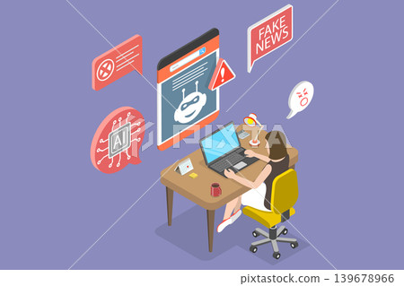 3D Isometric Flat Vector Illustration of Deepfake, The Use Of Deep Fake Technology In Stopping AI For Social Media And TV News. 3D Isometric Flat Vector Illustration of Deepfake, The Use Of Deep Fake Technology In Stopping AI For Social Media And TV News. 139678966