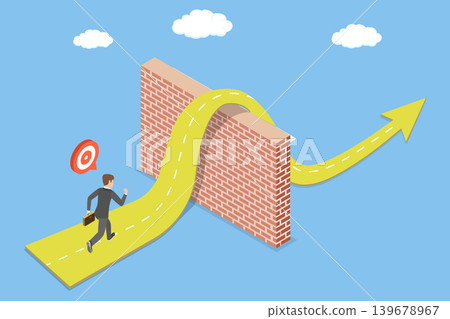 3D Isometric Flat Vector Illustration of Barriers Overcoming, Successful Entrepreneur, Conquering Obstacles To Achieve Business Success. 3D Isometric Flat Vector Illustration of Barriers Overcoming, Successful Entrepreneur, Conquering Obstacles To Achieve Business Success. 139678967