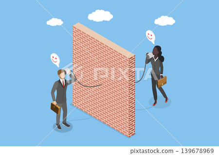 3D Isometric Flat Vector Illustration of Comunication Barrier, People Communicate Through Paper Cup Phone And String Illustration On Big Wall. 139678969
