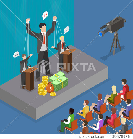 3D Isometric Flat Vector Illustration of Oligarchy, Money-Wielding Puppeteer Manipulating Politician On Podium. 3D Isometric Flat Vector Illustration of Oligarchy, Money-Wielding Puppeteer Manipulating Politician On Podium. 139678976