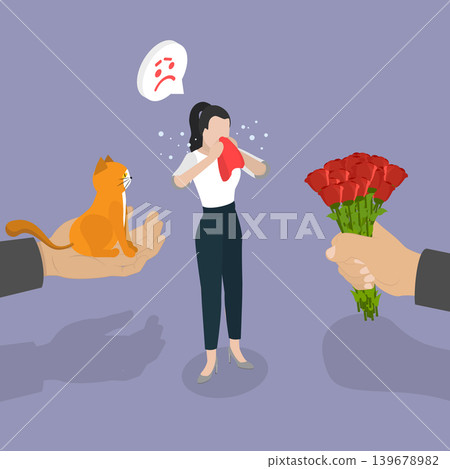3D Isometric Flat Vector Illustration of Allergy, Person Sneezes And Wipes Nose With Tissue Due To Cat Or Flower Allergies 139678982