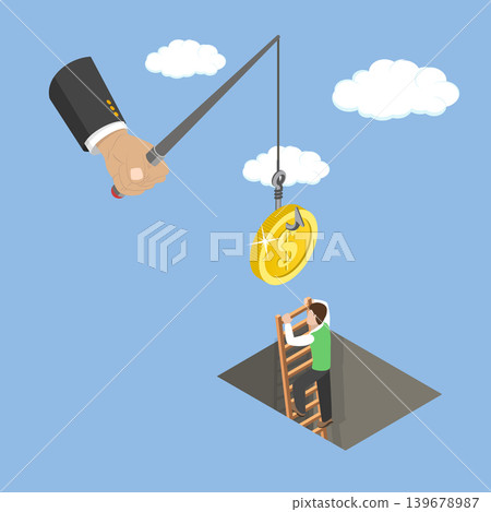 3D Isometric Flat Vector Illustration of Salary Trap, Businessman Climbing Ladder To Grab Money From Hook 3D Isometric Flat Vector Illustration of Salary Trap, Businessman Climbing Ladder To Grab Money From Hook 139678987