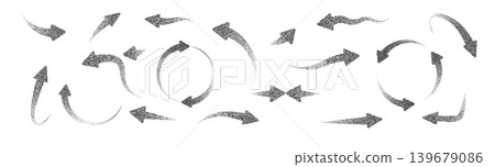 Digital arrow symbols with dotted halftone effects and geometric patterns. Contemporary graphic elements ideal for directional interface design and dynamic visual communication. Digital arrow symbols with dotted halftone effects and geometric patterns. Contemporary graphic elements ideal for directional interface design and dynamic visual communication. 139679086