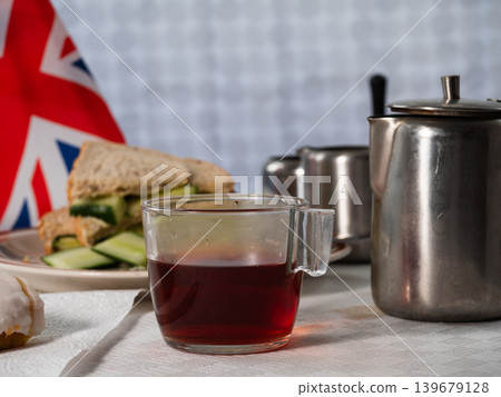 Traditional English cup of tea with cucumber sandwiches Traditional English cup of tea with cucumber sandwiches 139679128