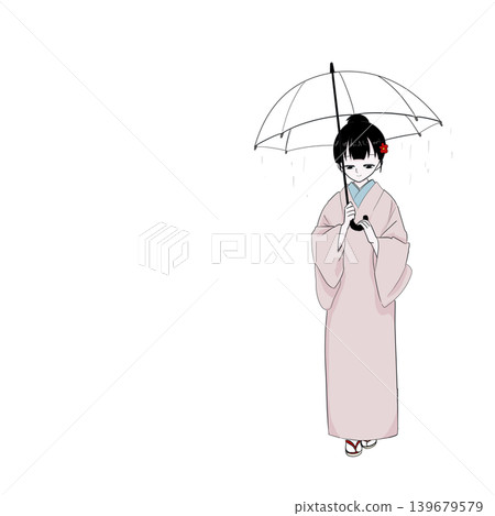A woman in a kimono walking with an umbrella; front view; eyes downcast. 139679579