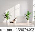 A natural, minimalist interior with houseplants and cats. 139679802