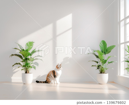 A natural, minimalist interior with houseplants and cats. A natural, minimalist interior with houseplants and cats. 139679802