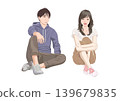 一幅描繪一對年輕情侶坐在地上的插圖。 139679835