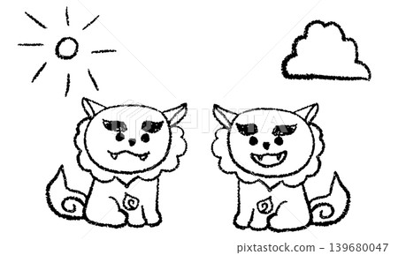 Hand-drawn illustration of a Shisa (Okinawan guardian lion) outdoors 139680047