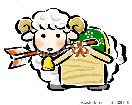 一隻羊(中國生肖動物)嘴裡叼著一支繫在繪馬(供牌)上的吉祥箭。 (留有文字空間) 一隻羊(中國生肖動物)嘴裡叼著一支繫在繪馬(供牌)上的吉祥箭。 (留有文字空間) 139680158