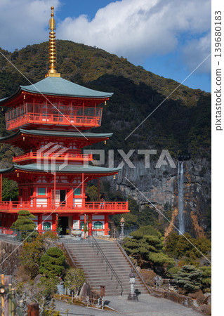 The spectacular views of Nachi Falls and Seiganto-ji Temple's three-story pagoda, and the Kumano Kodo World Heritage Site. The spectacular views of Nachi Falls and Seiganto-ji Temple's three-story pagoda, and the Kumano Kodo World Heritage Site. 139680183
