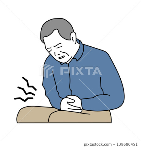 一幅彩色線條畫，描繪了一位中年男子遭受腹痛和噁心的症狀。 139680451