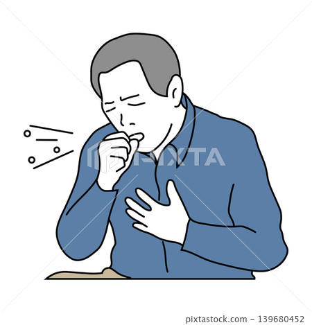 A color line drawing illustration of a middle-aged man coughing and clutching his chest. A color line drawing illustration of a middle-aged man coughing and clutching his chest. 139680452