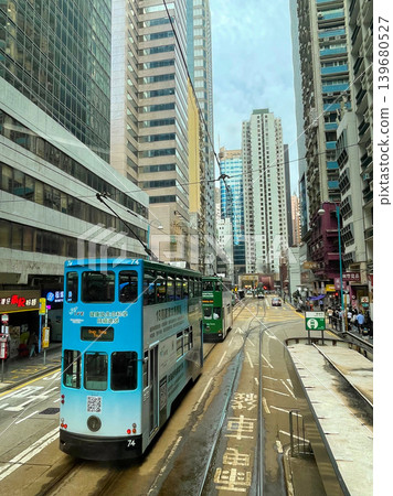A double-decker tram running along the main street of Sheung Wan, Hong Kong. A double-decker tram running along the main street of Sheung Wan, Hong Kong. 139680527
