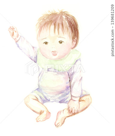 A watercolor illustration of a baby raising its hand to answer. A watercolor illustration of a baby raising its hand to answer. 139681209