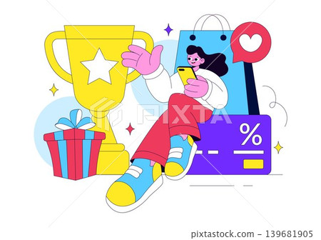 Loyalty Program Vector Illustration Featuring Customer Rewards, Shopping Benefits, Membership Points and Digital Cashback Design Loyalty Program Vector Illustration Featuring Customer Rewards, Shopping Benefits, Membership Points and Digital Cashback Design 139681905