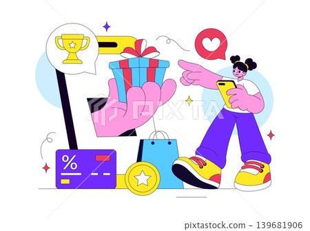 Loyalty Program Vector Illustration Featuring Customer Rewards, Shopping Benefits, Membership Points and Digital Cashback Design Loyalty Program Vector Illustration Featuring Customer Rewards, Shopping Benefits, Membership Points and Digital Cashback Design 139681906