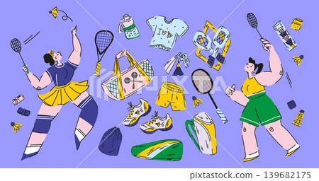 Large badminton set on purple, girls playing a game with rackets among the equipment, sports activities Large badminton set on purple, girls playing a game with rackets among the equipment, sports activities 139682175