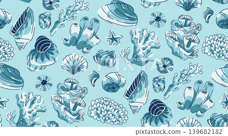 Seamless pattern with blue and aquamarine colors with corals and shells on the seabed 139682182