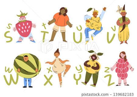 Poster with people in fruit costumes from S to Z, educational set for kids 139682183