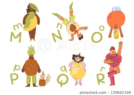 educational poster from M to R with diverse people in fruit and berry costumes, dressed up people for learning the alphabet educational poster from M to R with diverse people in fruit and berry costumes, dressed up people for learning the alphabet 139682199