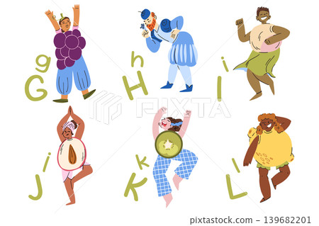 Alphabet poster from G to L various people in fruit and berry costumes, educational materials for people, costume party Alphabet poster from G to L various people in fruit and berry costumes, educational materials for people, costume party 139682201