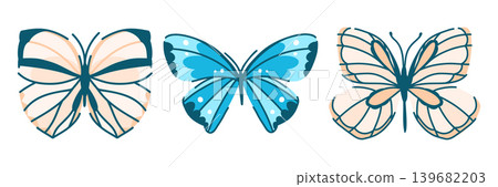 Set of delicate butterflies on white, blue and cream insects with fragile wings isolated on white in doodle style 139682203