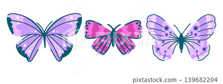 Charming set of fantasy butterflies with open wings in purple and pink tones, insects isolated on white 139682204