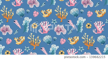 A rich seamless pattern with corals and seashells on a rich blue background, multi-colored underwater inhabitants and objects 139682215