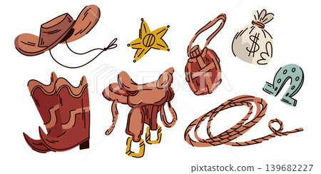 A set of sheriff attributes in a cowboy town in the Wild West, a cowboy hat, boots, a flask, a star, a lasso, a saddle A set of sheriff attributes in a cowboy town in the Wild West, a cowboy hat, boots, a flask, a star, a lasso, a saddle 139682227