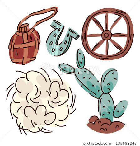 A composition with elements of a desert landscape and Wild West objects, a cactus in the soil, a tumbleweed, a horseshoe, a water flask, a wooden wheel A composition with elements of a desert landscape and Wild West objects, a cactus in the soil, a tumbleweed, a horseshoe, a water flask, a wooden wheel 139682245