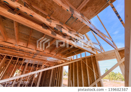 Construction site wooden framework open spaces for new building in progress during Construction site wooden framework open spaces for new building in progress during 139682387