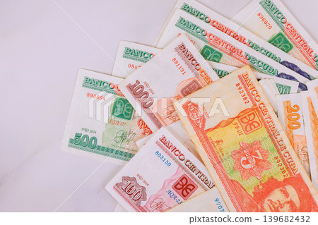 Cuban pesos currency banknotes CUC with different denominations arranged on background Cuban pesos currency banknotes CUC with different denominations arranged on background 139682432